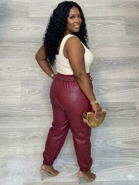 High-Waist Faux Leather Joggers in Deep Burgundy